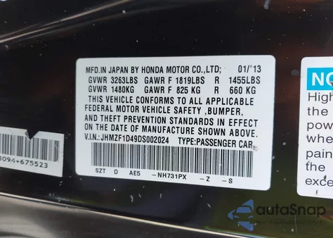 2013 Honda Cr-Z z USA, uszkodzony, nr VIN JHMZF1D49DS002024